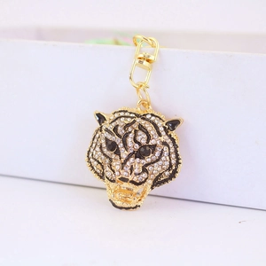 Tiger Head Keychain Sparkling Rhinestone Enamel Gold Alloy Animal Bag Charm Pendant Fashion Accessory For Men Women