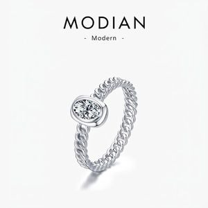 925 Sterling Silver Ring With Oval Zircon Hollow Link Chain Band Elegant Minimalist Jewelry For Women