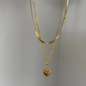 Gold-plated double layer stainless steel necklace featuring flat snake chain and heart pendant