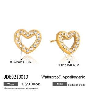 Macro view of 18K gold heart studs with inlaid rhinestones and detailed dimensions