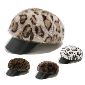 Women Leopard Print Faux Fur Newsboy Cap With PU Leather Brim Winter Warm Octagonal Hat Fashionable Retro