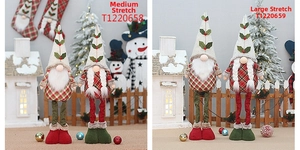 Detail of Christmas gnomes with adjustable telescopic legs in red and green plaid outfits
