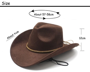 Detailed size specifications for dark brown suede cowboy hat showing dimensions and beads