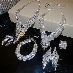 Luxurious silver V-shaped fringe jewelry set with necklace bracelet and earrings