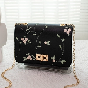 Sac bandoulière tendance en cuir PU noir avec broderie florale et bandoulière chaîne dorée