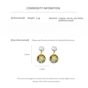 Detailed view of 18k gold plated earring with shell and pearl including size specifications