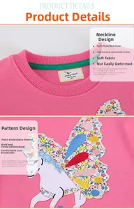 Detail eines rosa Baumwoll-Sweatshirts mit Einhorn-Stickerei und kontrastierendem Nackenband