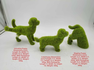 Detailed size and weight specs for green flocking moss dog garden ornaments in three poses