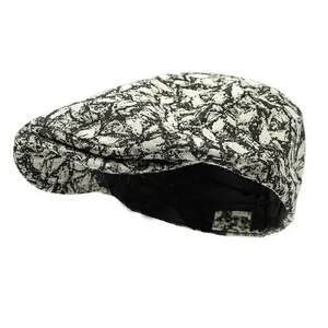 Retro black and white jacquard flat cap with abstract textured pattern for men and women
