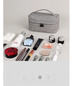 Large capacity grey makeup bag with top handle and double metal zippers for iPad storage