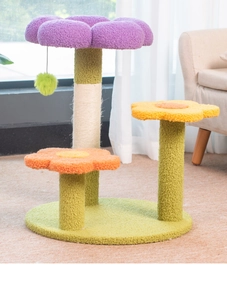 Detailed view of the multi-level flower cat tree with sisal scratching posts and toy ball
