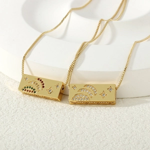 Gold 18K plated necklace with rectangular moon and star pendant set with colorful zircon