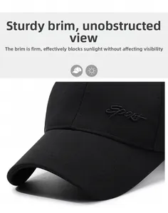 Detail of a structured black baseball cap brim with embroidered Sport text for sun protection