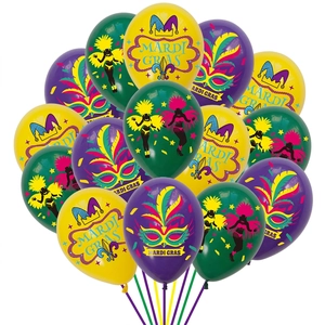 Mardi Gras party balloon set with purple, green, and gold latex balloons and festive prints