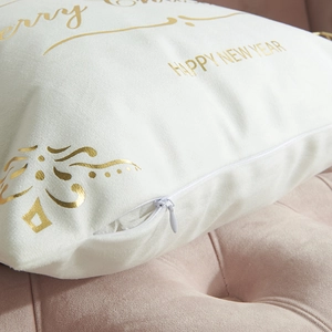 White velvet Christmas pillow cover with gold Merry Christmas print and hidden zipper