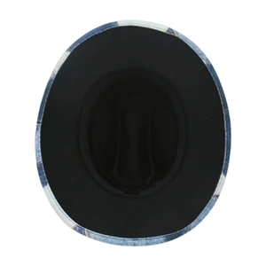 Retro western cowboy hat with blue and white abstract print on a wide brim and fedora style
