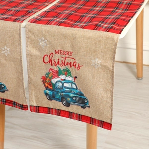 Christmas table runner with blue vintage truck and red black plaid on linen fabric