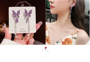 Detail of purple butterfly tassel earrings with S925 silver needles and pearl accents