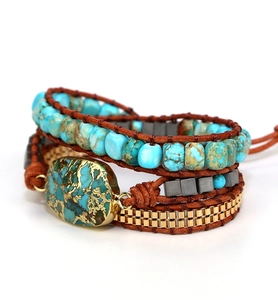 Bohemian multilayer leather wrap bracelet with turquoise beads and gold chain detail