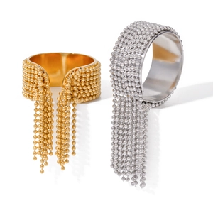 Exaggerated 18k gold and silver stainless steel 8-layer beaded tassel open ring set