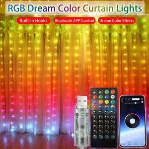 Detail of RGB LED curtain lights with USB controller, remote and mobile app interface