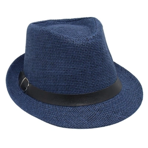 Close-up of blue straw fedora hat featuring cross-weave texture and black leather strap