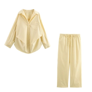 Femme Ensemble Chemise Manches Longues Rayée Et Pantalon Large Polyester Décontracté Mode Streetwear