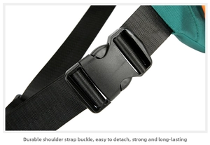 Close-up of durable black plastic buckle and nylon strap on green oxford waist bag