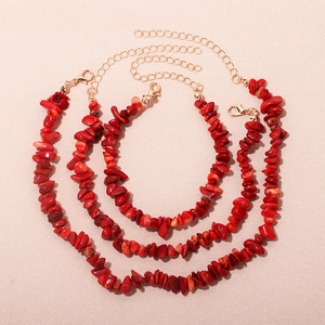 Three-piece red coral gemstone jewelry set with gold-plated lobster clasps and chains