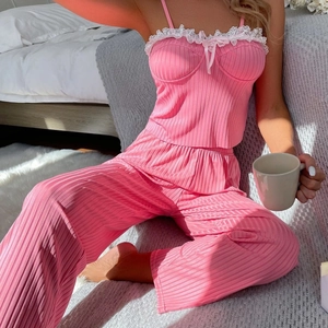 Women Ribbed Knit Camisole And Pants Loungewear Lace Trim Bow Decor Soft Sleepwear Breathable Casual Home Wear