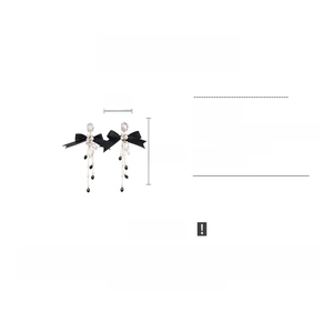 Detailed view of ribbon bow earrings with faux pearls and rhinestones showing dimensions
