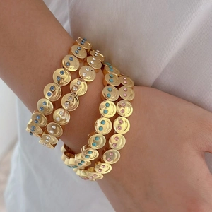 Chic multi-layer gold stretch bracelet set with colorful crystal smiley face charms