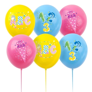German school enrollment party balloons in pink, blue, yellow with ABC 123 patterns