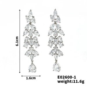 Detailed view of cubic zirconia drop earrings with measurements 6.1cm long and 1.6cm wide