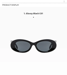 Detailed view of glossy black oval sunglasses with high-quality dark grey lenses