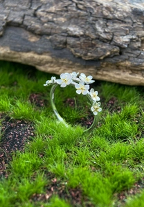 Macro view of S925 silver forget-me-not flower ring nestled in green moss