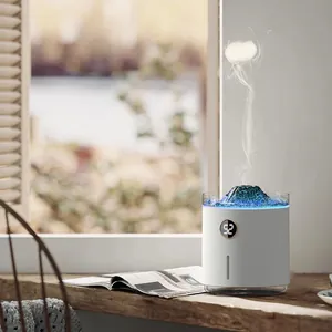 Mini volcano lava humidifier with dual-color flame LED light and digital display