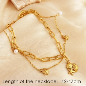 Double-layered 18K gold-plated stainless steel ocean necklace with starfish and shell charms