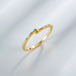 S925 sterling silver ring with gradient rainbow cubic zirconia stones in gold finish