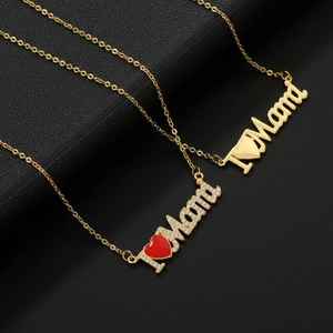 Copper 18K Gold Plated Necklace Red Enamel Heart I Love Mama Letter Pendant Clavicle Chain Mother Day Jewelry For Women