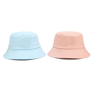 Classic cotton bucket hats in light blue and pink, durable sun protection headwear