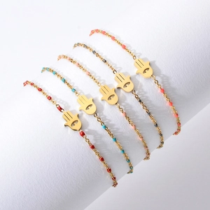 Bohemian Stainless Steel Hamsa Hand Bracelet For Women Gold Plated Evil Eye Enamel Bead Minimalist Fashion Jewelry Adjustable
