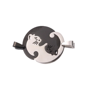 Matching cat couple necklaces with Yin Yang hugging design in black and silver steel
