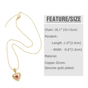Detail showing dimensions of heart pendant with colorful zircons and 18.1-inch chain