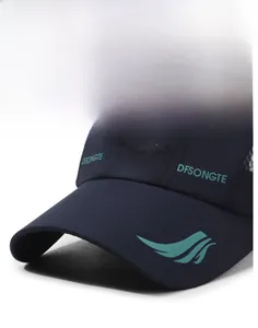 Close-up of quick-dry navy baseball cap showing breathable mesh and wing logo detail