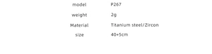 Specifications chart for P267 titanium steel and zircon necklace weighing 2 grams