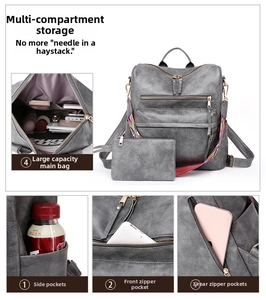 Detail view of dark grey retro backpack showing side pockets and anti-theft back zipper