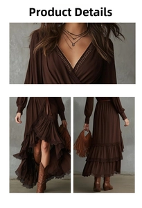 Detail view of V-neck lace trim and tiered ruffle hem on bohemian long sleeve dress