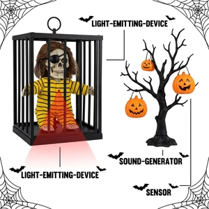 Halloween animatronic prisoner ghost in cage with glowing eyes and spooky sound effects