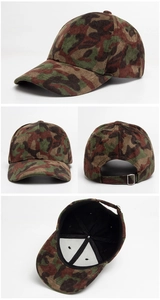 Detailed views of camouflage corduroy baseball cap with adjustable metal buckle buckle